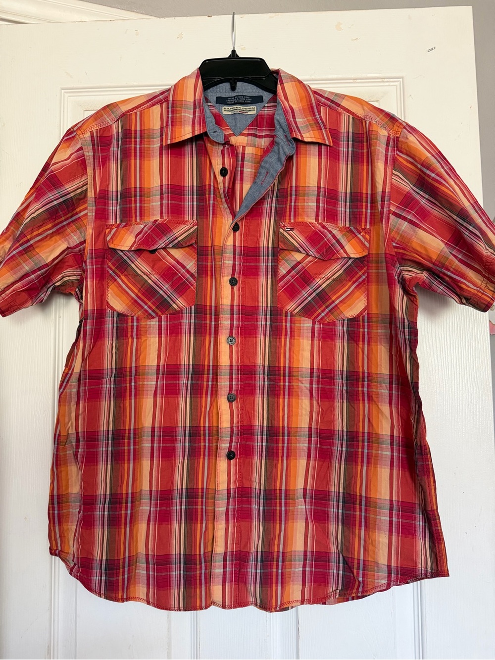 Tommy Hilfiger Short Sleeve Plaid Button-Down Shirt in Red & Orange